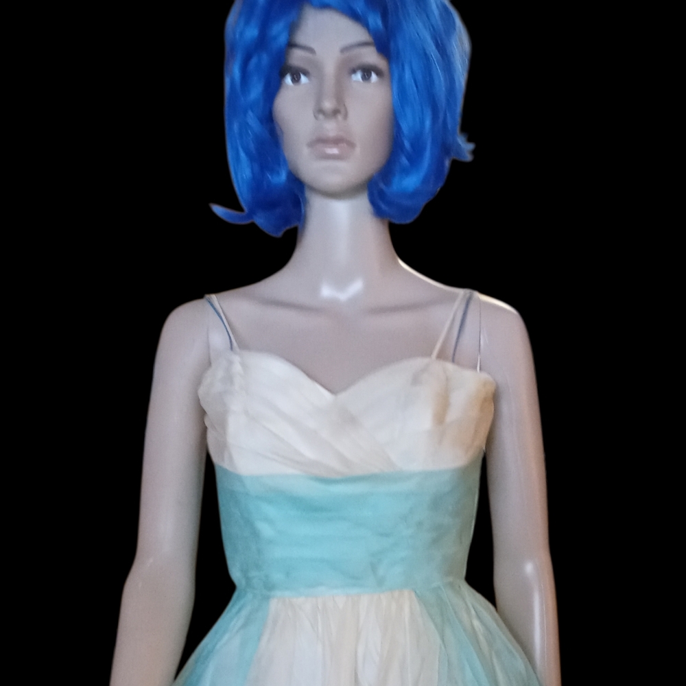 Elegant 50s Vintage Tulle Blue and White Strapless Dress